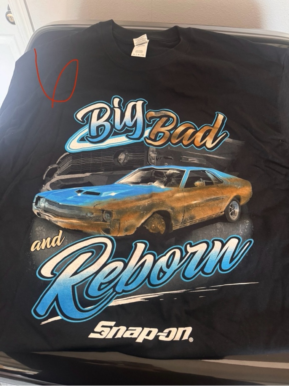 Snap On Men’s 'Big Bad and Reborn' Black Graphic T-Shirt - Blue & Gold Car Print